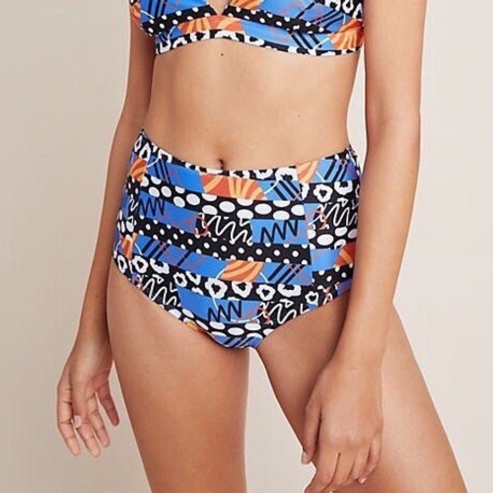 Anthropologie Lysa Seamed Bikini Bottoms Blue Orange Size Medium High Waist Chic - Picture 2 of 16